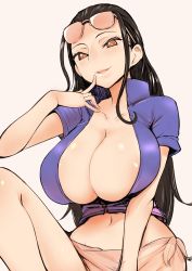 Rule 34 | 1girl, are (arearee), areola slip, black hair, breasts, cleavage, collarbone, commentary request, finger to mouth, hair slicked back, highres, hip focus, huge breasts, jacket, long hair, looking down, midriff, navel, nico robin, one piece, pink background, red eyes, shiny skin, simple background, smile, solo, sunglasses, sunglasses on head, thighs
