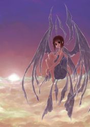 Rule 34 | 1girl, brown hair, cloud, dress, expressionless, fetal position, floating, full body, looking at viewer, original, plantar flexion, short hair, sky, solo, sunset, travo, white dress, wings
