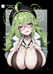 Rule 34 | 1girl, blush, breasts, clara (project qt), cleavage, commentary, english commentary, glasses, green eyes, green hair, hacker, hands on own breasts, highres, huge breasts, lab coat, licking lips, like and retweet, long hair, looking at viewer, project qt, smile, solo, tofuubear, tongue, tongue out, tweet, twitter, twitter verified checkmark, twitter x logo