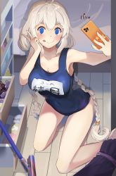 Rule 34 | 2girls, bad anatomy, bad perspective, bare arms, bare legs, bare shoulders, black one-piece swimsuit, blue eyes, blush, braid, breasts, cellphone, cleavage, collarbone, doorway, empty eyes, hair between eyes, holding, holding phone, kizuna akari, large breasts, long hair, multiple girls, name tag, one-piece swimsuit, phone, pov doorway, school swimsuit, selfie, silver hair, smartphone, solo focus, sora no tori, swimsuit, tongue, tongue out, twin braids, v, voiceroid, yuzuki yukari