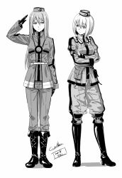 Rule 34 | 2girls, boots, breasts, cross-laced footwear, crossed arms, dated, eiyuu densetsu, falcom, full body, garrison cap, gloves, greyscale, hat, long hair, long sleeves, looking at another, medium breasts, military, military uniform, monochrome, multiple girls, original, pants, salute, sen no kiseki, shirt, short hair, signature, simple background, small breasts, smile, standing, straight hair, uniform, werkbau, white background