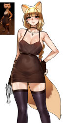 2girls :q absurdres animal_ears bare_shoulders belt black_belt black_thighhighs blonde_hair blush braid breasts brown_dress brown_gloves brown_tail contrapposto covered_navel cross cross_necklace dress fingerless_gloves fox_ears fox_girl fox_tail foxy_(liar&#039;s_bar) fusion genderswap genderswap_(mtf) glock gloves green_eyes gun hachyoo hand_on_own_hip handgun highres holding holding_gun holding_weapon jewelry large_breasts large_tail liar&#039;s_bar long_braid long_hair looking_at_viewer multiple_girls necklace no_bra reference_inset screenshot_inset short_dress simple_background single_braid solo_focus tail thighhighs tongue tongue_out very_long_hair waktaverse weapon white_background woowakgood zettai_ryouiki