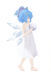 1girl absurdres ahoge alternate_costume ball bare_arms bare_legs bare_shoulders barefoot blue_bow blue_eyes blue_hair bow cirno commentary_request dress feet flat_chest flower from_side frozen_frog full_body hair_between_eyes hair_bow hair_flower hair_ornament highres holding holding_ball holding_ice ice ice_wings mocaffee pinky_out short_hair simple_background solo spaghetti_strap toes touhou walking white_background white_dress wings