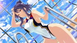 Rule 34 | 1girl, breasts, competition swimsuit, glasses, large breasts, one-piece swimsuit, pool, pool ladder, poolside, purple hair, red eyes, senran kagura, sideboob, sky, solo, standing, rin (senran kagura), swimsuit, thighs, wet