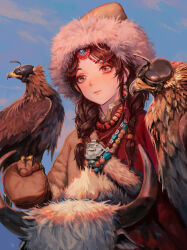 Rule 34 | 1girl, absurdres, animal, animal on arm, bead necklace, beads, bird, blue sky, braid, brown eyes, brown hair, closed mouth, commentary, eagle, english commentary, fur-trimmed headwear, fur trim, hair ornament, highres, jewelry, looking afar, necklace, original, outdoors, ox horns, riding, riding animal, sky, solo, sub chon9, tibetan clothes, traditional clothes, twin braids, yak
