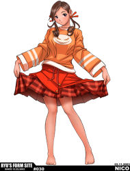 Rule 34 | 1girl, barefoot, brown hair, curtsey, female focus, full body, legs, nico, original, ryu (ryu&#039;s form site), skirt, solo, twintails, white background