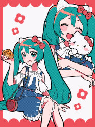 Rule 34 | 1girl, animal ear hairband, animal ears, bag, blue eyes, blue hair, blush stickers, bow, cat ear hairband, cat ears, closed eyes, clothing cutout, commentary, dress, eating, fake animal ears, food, frilled dress, frills, hair bow, hairband, halftone texture, hatsune miku, heart-shaped bag, hello kitty, hello kitty (character), highres, holding, holding food, long hair, multiple views, nail polish, open mouth, pie, pie slice, project sekai, sanrio, short sleeves, shoulder bag, shoulder cutout, sitting, smile, sugarmonaka, tongue, tongue out, twintails, very long hair, vocaloid