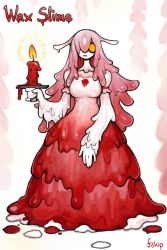 Rule 34 | 1girl, absurdres, breasts, candle, dress, english text, frown, full body, highres, looking at viewer, matilda fiship, medium breasts, monster girl, orange eyes, original, red dress, slime girl, solo, wax