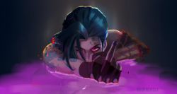 Rule 34 | 1girl, aqua hair, arcane: league of legends, arcane jinx, artist name, asymmetrical bangs, bella nalin (redtreaclx), blood, blue nails, brown gloves, cloud tattoo, detached sleeves, fingerless gloves, glitch, gloves, gradient background, grey background, highres, jinx (league of legends), league of legends, long hair, looking at viewer, lying, middle finger, nail polish, on stomach, one eye closed, pink blood, pink eyes, solo, striped sleeves