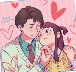 Rule 34 | 1boy, 1girl, andrew hanbridge, arm around neck, blue ribbon, blue shirt, blunt ends, blush, brown hair, closed mouth, collared shirt, cursive, dress shirt, english text, green eyes, half-closed eye, happy valentine, heart, hetero, highres, holding hands, interlocked fingers, kagari atsuko, little witch academia, long hair, long sleeves, looking at another, looking back, marii pily, neck ribbon, necktie, one eye closed, one side up, open mouth, red eyes, red necktie, ribbon, shirt, short hair, side-by-side, smile, sweater, sweater vest, v-neck, valentine, white shirt, yellow sweater