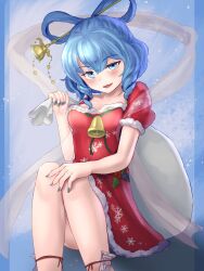 Rule 34 | 1girl, bell, blue background, blue eyes, blue hair, blue nails, dress, hair ornament, highres, jingle bell, kaku seiga, looking at viewer, open mouth, pygrenix, red dress, snowflake print, snowing, solo, touhou