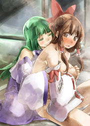 Rule 34 | 2girls, bare shoulders, blush, bow, breasts, brown eyes, brown hair, covering privates, covering breasts, detached sleeves, closed eyes, green hair, hair bow, hair tubes, hakurei reimu, hug, hug from behind, indoors, kochiya sanae, large breasts, long hair, multiple girls, nude, open mouth, own hands together, sitting, skirt, smile, steam, sweat, torn clothes, touhou, yohane, yuri