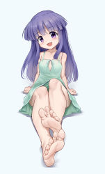 Rule 34 | 1girl, :d, absurdres, aomoro, bare arms, bare shoulders, barefoot, blue background, blush, collarbone, commentary request, dress, feet, foot focus, foreshortening, full body, furude rika, green dress, head tilt, highres, higurashi no naku koro ni, long hair, looking at viewer, open mouth, purple eyes, purple hair, sidelocks, simple background, sitting, sleeveless, sleeveless dress, smile, soles, solo, toes