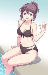 Rule 34 | 1girl, :d, arm support, bare arms, bare shoulders, bikini, black bikini, blue background, blue eyes, breasts, brown hair, cleavage, e20, front-tie bikini top, front-tie top, gradient background, hair between eyes, halterneck, hand up, highres, looking at viewer, medium breasts, navel, o-ring, o-ring bikini, o-ring bottom, open mouth, original, ponytail, sitting, smile, soaking feet, solo, swimsuit, water, white background