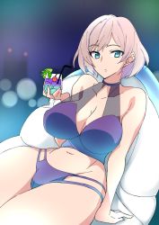 Rule 34 | 1girl, absurdres, alcohol, arm support, bare shoulders, beach chair, bikini, blue eyes, breasts, cleavage, commentary request, cup, drinking straw, gridman universe, highres, holding, holding cup, large breasts, miyane aki (radical dash), mujina, navel, purple bikini, see-through, short hair, sitting, solo, ssss.dynazenon, swimsuit, thighs