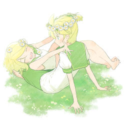 Rule 34 | 1boy, 1girl, absurdres, ahoge, aqua eyes, bare arms, bare legs, bare shoulders, barefoot, blonde hair, bon bon eee, breasts, brother and sister, daisy, flower, grass, green sailor collar, green theme, happy, head wreath, highres, imminent hug, indian style, kagamine len, kagamine rin, lying, lying on lap, midriff, on ground, on person, on side, open mouth, outstretched arms, outstretched hand, sailor collar, shirt, short sleeves, shorts, siblings, sitting, skinny, sleeveless, sleeveless shirt, small breasts, smile, swept bangs, twins, vocaloid, white flower