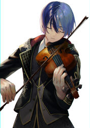 Rule 34 | 1boy, absurdres, aoyagi touya, blue hair, blunt bangs, bow (music), buttons, closed eyes, closed mouth, commentary request, dark blue hair, fingernails, highres, holding, holding bow (music), holding instrument, holding violin, hood, hood down, instrument, long sleeves, male focus, memomemomemomo, mole, mole under eye, multicolored hair, music, official alternate costume, period of nocturne (project sekai), playing instrument, project sekai, short hair, simple background, solo, split-color hair, two-tone hair, upper body, violin, white background