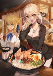 Rule 34 | 1boy, 2girls, ahoge, artoria pendragon (all), artoria pendragon (fate), blonde hair, breasts, chopsticks, cleavage, collarbone, commentary request, eating, fate/grand order, fate (series), food, green eyes, hair between eyes, hair bun, highres, holding, jacket, jewelry, long sleeves, looking at viewer, medium breasts, multiple girls, necklace, noodles, official alternate costume, open mouth, out of frame, ponytail, ramen, saber (fate), saber alter, saber alter (ver. shinjuku 1999) (fate), shorts, single hair bun, sitting, smile, suou-sensei, yellow eyes