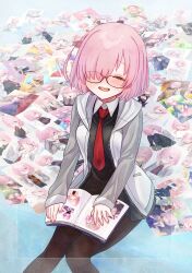 Rule 34 | 1girl, absurdres, black dress, black pantyhose, breasts, closed eyes, collared dress, commentary request, dress, facing up, facing viewer, fate/grand order, fate (series), glasses, grey jacket, hair over one eye, happy, harukappa, highres, jacket, knees together feet apart, mash kyrielight, medium breasts, necktie, open clothes, open jacket, open mouth, pantyhose, photo (object), photo album, pink hair, red necktie, sitting, smile, solo, teeth, unzipped, upper teeth only