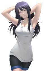 Rule 34 | 1girl, absurdres, arms up, black hair, black shorts, blue eyes, breasts, cleavage, closed mouth, collarbone, cowboy shot, floating hair, hair between eyes, hands in hair, head tilt, highres, long hair, looking at viewer, medium breasts, original, shirt, shorts, simple background, sleeveless, sleeveless shirt, smile, solo, standing, sthreep, straight hair, white background, white shirt