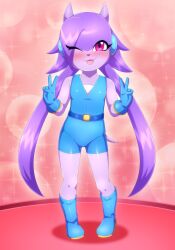 Rule 34 | 1girl, :p, absurdres, aged down, belt, blush, boots, double v, dragon girl, dragon horns, dragon tail, eyelashes, freedom planet, furry, galaxytrail, gi0, gloves, hair over one eye, headgear, highres, horns, long hair, looking at viewer, one eye closed, pink background, pink eyes, purple hair, sash lilac, sparkle, sparkle background, standing, tail, tongue, tongue out, twintails, unitard, v, very long hair, wink