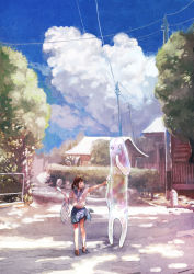 Rule 34 | 1girl, absurdres, bag, brown eyes, brown hair, cloud, day, food, ghost, highres, md5 mismatch, original, popsicle, power lines, resolution mismatch, scenery, school uniform, skirt, solo, source smaller, twintails, yuu (plasm)