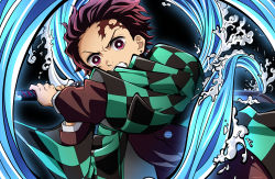 Rule 34 | 1boy, absurdres, black jacket, brown hair, burn mark, clenched teeth, earrings, facial scar, haori, highres, holding, holding sword, holding weapon, isami don, jacket, japanese clothes, jewelry, kamado tanjirou, kimetsu no yaiba, long sleeves, looking at viewer, male focus, official style, red eyes, scar, scar on cheek, scar on face, scar on forehead, short hair, solo, sword, teeth, v-shaped eyebrows, water, weapon