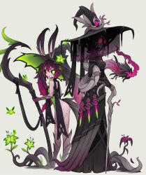 Rule 34 | black sclera, colored sclera, flower, glasses, green eyes, hat, highres, leaves, long hair, looking at viewer, monster girl, mother and daughter, original, plant, plant girl, simple background, staff, thorns, vines, white background, witch, witch hat