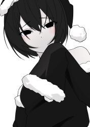 Rule 34 | 1girl, arm at side, arril100, bare shoulders, black dress, black eyes, black hair, black hat, blush, bob cut, breasts, christmas, close-up, commentary, dot nose, dress, dutch angle, empty eyes, eyelashes, from below, fur-trimmed headwear, fur trim, hair between eyes, hand to own mouth, hat, highres, looking at viewer, looking down, monogatari (series), narrowed eyes, off-shoulder dress, off shoulder, oshino ougi, pale skin, pom pom (clothes), raised eyebrows, santa costume, santa hat, short hair, simple background, sleeves past fingers, sleeves past wrists, small breasts, solo, upper body, very long sleeves, white background