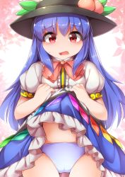 Rule 34 | 1girl, blue panties, clothes lift, dress, dress lift, embarrassed, food, fruit, fun bo, highres, hinanawi tenshi, lifted by self, panties, peach, skirt, skirt lift, solo, touhou, underwear