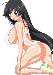 Rule 34 | 1girl, absurdres, ahoge, ass, black hair, blue eyes, blush, breasts, covered navel, from behind, girls und panzer, high heels, highres, isuzu hana, kneeling, large breasts, long hair, looking back, mevius9, open mouth, sideboob, slingshot swimsuit, solo, swimsuit