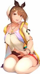 Rule 34 | atelier (series), atelier ryza, atelier ryza 1, bow, bracelet, breasts, brown hair, hair bow, hair ornament, hairclip, highres, jewelry, kameponde, lap pillow invitation, light smile, looking at viewer, navel, necklace, red shorts, reisalin stout, short hair, short shorts, shorts, simple background, skindentation, smile, solo, star (symbol), star necklace, thick thighs, thighhighs, thighs, white background, white thighhighs