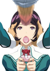 Rule 34 | 1girl, bakuman, black hair, censored, condom, condom in mouth, condom wrapper, expressionless, hands on another&#039;s head, head grab, highres, holding, imminent fellatio, iwase aiko, mosaic censoring, mouth hold, open mouth, oral invitation, penis, purple eyes, purple hair, school uniform, short hair, simple background, solo focus, takapiko, white background