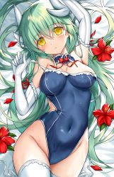 Rule 34 | areola slip, arm up, armpits, bare shoulders, blue one-piece swimsuit, blush, breasts, cleavage, covered navel, dragon girl, dragon horns, elbow gloves, fate/grand order, fate (series), flower, gloves, green hair, highres, horns, kiyohime (fate), kiyohime (fate/grand order), kiyohime (swimsuit lancer) (fate), kiyohime (swimsuit lancer) (second ascension) (fate), large breasts, long hair, looking at viewer, lying, morizono shiki, on back, one-piece swimsuit, parted lips, petals, solo, swimsuit, thighhighs, thighs, white gloves, white thighhighs, yellow eyes