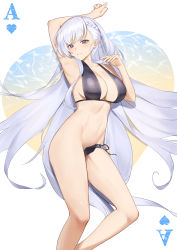 Rule 34 | 1girl, absurdres, ace (playing card), ace of hearts, arm up, armpits, azur lane, belfast (azur lane), bikini, black bikini, braid, breasts, crown braid, feet out of frame, hand up, heart, highres, large breasts, long hair, looking at viewer, lordol, lying, navel, on back, parted lips, playing card, purple eyes, solo, stomach, swimsuit, thighs, untied bikini, very long hair, white hair