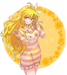 Rule 34 | 1girl, ahoge, blonde hair, bow, breasts, cleavage, cleavage cutout, closed mouth, clothing cutout, cowboy shot, dress, fang, fang out, floating hair, hair between eyes, hair bow, highres, iesupa, long hair, long sleeves, looking at viewer, medium breasts, orange sweater, pink eyes, rwby, short dress, sketch, smile, solo, standing, striped clothes, striped sweater, sweater, sweater dress, very long hair, white background, yang xiao long, yellow bow