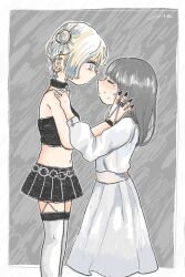 Rule 34 | 2girls, artist name, bare shoulders, black choker, black nails, black shirt, black skirt, black vs white, blush, border, breasts, chain belt, choker, closed eyes, closed mouth, crop top, cropped shirt, double bun, dress, ear chain, ear piercing, facing another, feet out of frame, from side, goth fashion, grey background, grey hair, hair bun, hand chains, hand in another&#039;s hair, hand on another&#039;s shoulder, hasegawa june, highres, imminent kiss, jewelry, long hair, long sleeves, looking at another, midriff, miniskirt, multiple girls, nail polish, navel, o-ring, o-ring choker, original, outside border, piercing, pleated skirt, polar opposites, profile, ring, shirt, short hair, sidelocks, signature, size difference, skirt, sleeveless, sleeveless shirt, small breasts, standing, straight hair, sweat, thighhighs, white border, white dress, white thighhighs, yuri, zettai ryouiki