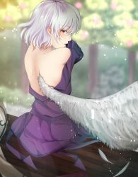 Rule 34 | 1girl, absurdres, back, bad id, bad pixiv id, bag, blurry, blush, depth of field, dress, feathered wings, feathers, from behind, highres, jacket, unworn jacket, kishin sagume, light blush, lips, looking back, miri (miri0xl), off shoulder, parted lips, purple dress, red eyes, short hair, shoulder bag, single wing, sitting, solo, touhou, tree, white hair, white wings, wings