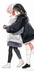 Rule 34 | 2girls, absurdres, akemi homura, alternate costume, black coat, black footwear, black gloves, black hair, black hairband, black pantyhose, black sleeves, blue skirt, boots, bow, closed mouth, coat, commentary, expressionless, eyelashes, from side, full body, gloves, hair bow, hairband, half-closed eyes, highres, hug, hug from behind, kaname madoka, kneehighs, knees, long hair, long sleeves, looking at hands, mahou shoujo madoka magica, mahou shoujo madoka magica (anime), miniskirt, multiple girls, open clothes, open coat, pantyhose, parted lips, pink eyes, pink hair, pleated skirt, purple eyes, riko-m, scarf, shoes, short hair, short twintails, simple background, skirt, sleeves past wrists, socks, symbol-only commentary, tearing up, twintails, walking, white background, white bow, white coat, white footwear, white scarf, white skirt, white socks, winter clothes, winter coat, yuri