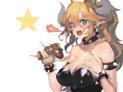 Rule 34 | 1girl, bare shoulders, blonde hair, blue eyes, bowsette, bracelet, breasts, breath weapon, breathing fire, collar, crown, dress, fire, goomba, horns, jewelry, large breasts, mario (series), new super mario bros. u deluxe, nintendo, olys, pointy ears, sharp teeth, spiked bracelet, spiked collar, spikes, strapless, strapless dress, teeth, upper body