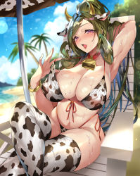 Rule 34 | 1girl, absurdres, animal ears, animal print, armpits, beach, beach chair, beach umbrella, bell, bikini, blue sky, blurry, blurry background, bow, bowtie, bracelet, breasts, brown hair, cloud, cloudy sky, collar, commentary request, cow ears, cow horns, cow print, cow print bikini, day, fake animal ears, hair ornament, highleg, highleg bikini, highres, horns, jewelry, large breasts, lips, long hair, looking at viewer, mole, mole on breast, mole under eye, navel, neck bell, open mouth, original, outdoors, palm leaf, palm tree, ponytail, print bikini, pulling own clothes, purple eyes, revision, senri gan, shadow, shiny skin, sitting, sky, solo, stomach, sweat, sweatdrop, swimsuit, thighhighs, thighs, tree, umbrella, water