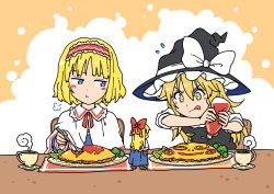 Rule 34 | 2girls, :q, :t, alice margatroid, black headwear, black vest, blonde hair, blue dress, blush, bow, broccoli, capelet, concentrating, cup, dress, eating, flying sweatdrops, food, food writing, frilled hairband, frills, hair bow, hairband, hat, hat bow, highres, holding, holding spoon, inuno rakugaki, ketchup, ketchup bottle, kirisame marisa, long hair, long sleeves, multiple girls, omelet, omurice, red bow, red hairband, saucer, shanghai doll, shirt, short hair, short sleeves, spoon, steam, tongue, tongue out, touhou, v-shaped eyebrows, vest, white bow, white capelet, white shirt, witch hat, yellow eyes