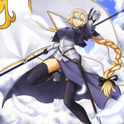 Rule 34 | 1girl, armor, armored dress, banner, blonde hair, blue eyes, braid, breasts, dress, enchuu, fate/apocrypha, fate/grand order, fate (series), floating hair, gloves, hair blowing, headpiece, holding, holding weapon, jeanne d&#039;arc (fate), jeanne d&#039;arc (ruler) (fate), long hair, looking at viewer, solo, very long hair, weapon
