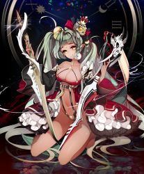 Rule 34 | 1girl, ahoge, asymmetrical hair, bad id, bad pixiv id, bare shoulders, barefoot, black ribbon, bow, braid, breasts, clock, collarbone, crescent, crown, dark-skinned female, dark skin, detached sleeves, dress, dual wielding, fang, frills, full body, green hair, hair bow, hair ornament, head tilt, hexagram, highres, holding, holding sword, holding weapon, jewelry, kneeling, large breasts, lens flare, long hair, navel, necklace, nishi (ainshaie), orb, original, pointy ears, red bow, ribbon, roman numeral, skull, smile, solo, star (symbol), sword, tassel, twintails, very long hair, weapon, yellow eyes