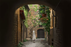 Rule 34 | 1girl, arch, black pantyhose, brick wall, commentary request, day, dress, facing away, from behind, gate, highres, house, ivy, izna (iznatic), original, outdoors, pantyhose, plant, potted plant, scenery, shoes, short hair, solo, standing, village, white dress, white hair