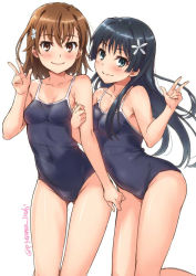 Rule 34 | 2girls, arm hug, bad id, bad twitter id, black hair, black one-piece swimsuit, blue one-piece swimsuit, breasts, brown eyes, brown hair, collarbone, commentary request, competition school swimsuit, cowboy shot, flower, gluteal fold, green eyes, hair flower, hair ornament, isshi pyuma, lineart, long hair, looking at viewer, misaka mikoto, multiple girls, one-piece swimsuit, saten ruiko, school swimsuit, short hair, simple background, small breasts, swimsuit, toaru kagaku no railgun, toaru majutsu no index, twitter username, v, waving, white background