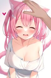 Rule 34 | 1girl, 1other, ^ ^, animal ear fluff, animal ears, blurry, blurry background, blush, breasts, cat ears, cat girl, cat tail, cleavage, closed eyes, collarbone, commentary request, commission, fang, hamico, happy, haruka (hamico), headpat, heart, highres, huge breasts, long hair, off-shoulder shirt, off shoulder, open mouth, original, pink hair, pink tail, raised eyebrows, shirt, short sleeves, simple background, single bare shoulder, single off shoulder, skeb commission, skin fang, smile, solo focus, tail, two side up, white background, white shirt