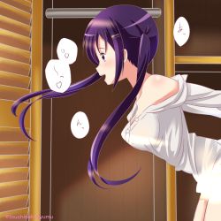Rule 34 | 1girl, :d, arms behind back, bent over, breasts, cleavage, collarbone, dress shirt, floating hair, from side, gochuumon wa usagi desu ka?, heart, implied sex, indoors, long hair, medium breasts, naked shirt, off shoulder, open mouth, profile, purple eyes, purple hair, shirt, smile, solo, speech bubble, tedeza rize, tsuchinokokyumu, twintails, twitter username, very long hair, white shirt
