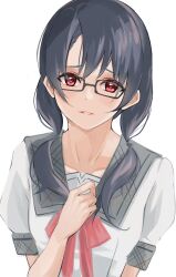 Rule 34 | 1girl, absurdres, black hair, bow, bowtie, glasses, grey sailor collar, harada (typeharada), highres, idolmaster, idolmaster million live!, long bangs, long hair, looking at viewer, plaid, red bow, red eyes, sailor collar, school uniform, short sleeves, simple background, solo, takayama sayoko, twintails, white background