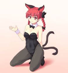Rule 34 | 1girl, animal ears, bare arms, bare shoulders, black pantyhose, bow, braid, breasts, cat ears, cat girl, cat tail, cleavage, detached collar, extra ears, female focus, hair bow, isaki (gomi), kaenbyou rin, kittysuit, kneeling, large breasts, leotard, multiple tails, nontraditional playboy bunny, pantyhose, playboy bunny, red eyes, red hair, smile, solo, tail, touhou, twin braids, wrist cuffs